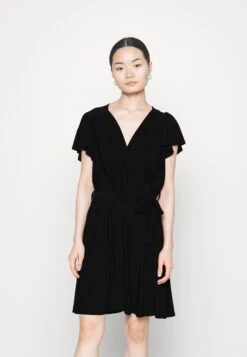 Frilled Cap Sleeves Flared Dress - Jerseyjurk - Black